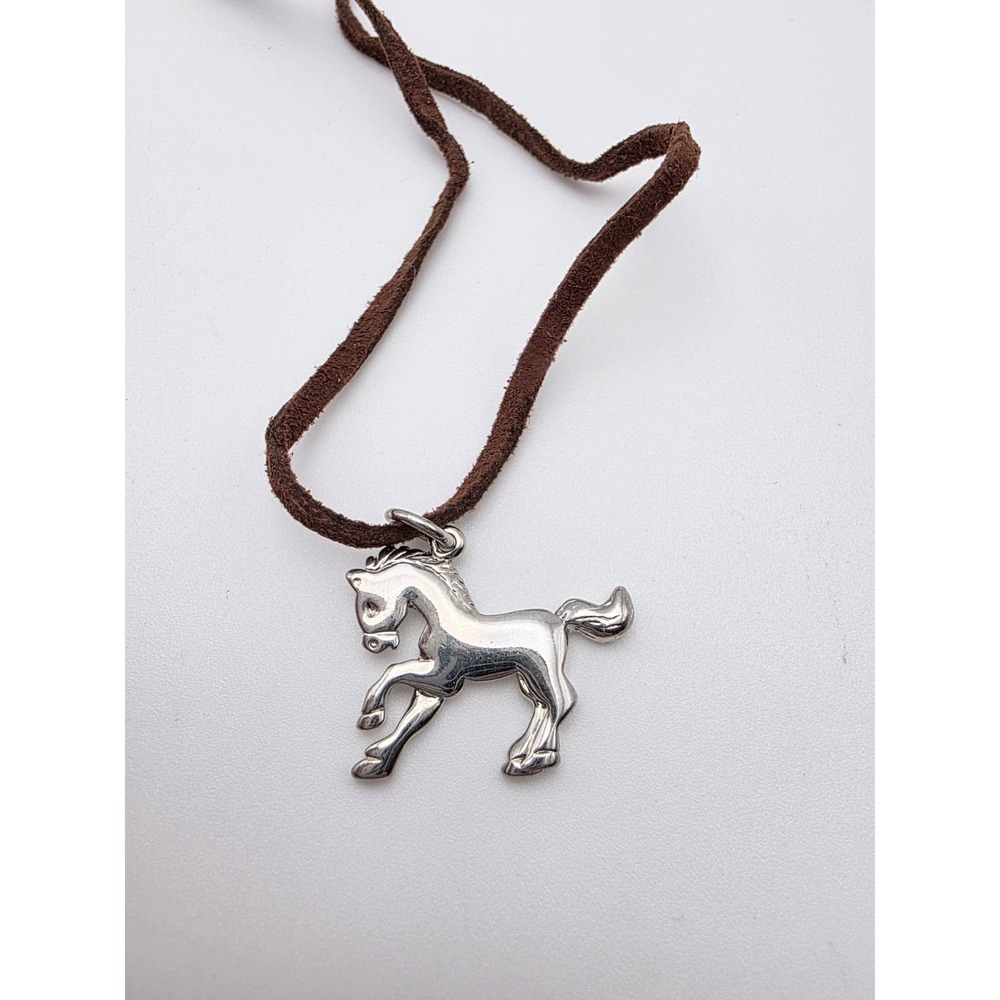 Vtg LIA SOPHIA Horse Pendant Necklace Leather Cord Equestrian Bronc 18"